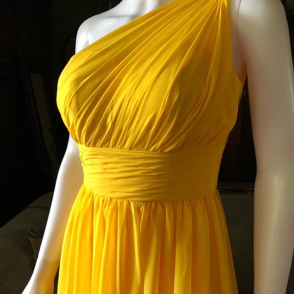 AW. BRIDAL Sz 0. Golden Yellow One Shoulder Floor Length Gown. - Picture 3 of 15
